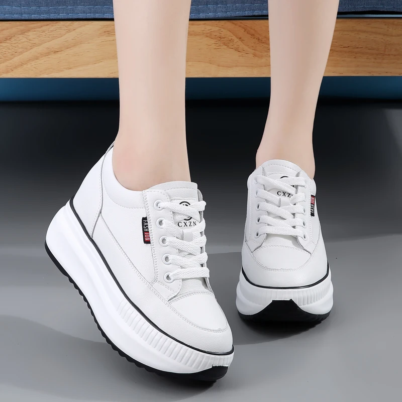

Fashion Platform Sneakers Women 2021 Casual Leather White Shoes Hidden Heel Women Creepers Thick Sole Zapatillas Mujer Footwear