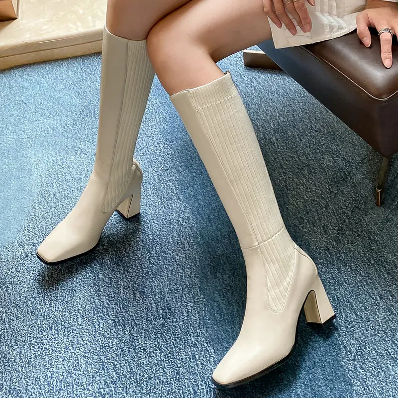 

Sianie Tianie 2021 Beige Spring Winter Knitted Stretch Fabric Woman Knee High Boots Block High Heels Riding Slip-on Women Boots