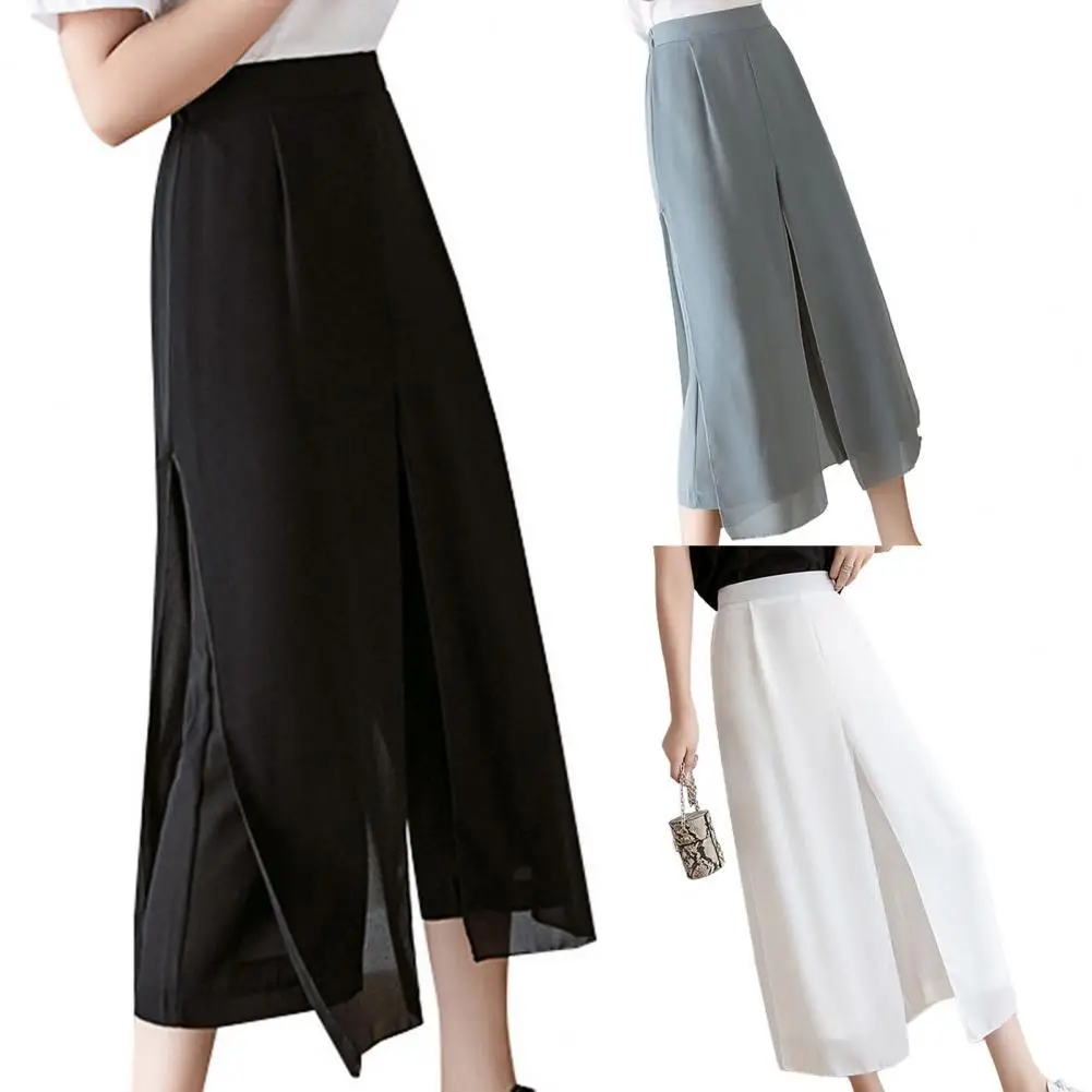 

Hot!! Casual Women Pants Solid Color High Waist Wide Leg Fake Two Pieces Loose Slacks Trousers for Daily Life