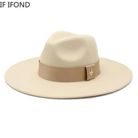 autumn winter womens 9 5cm wide brim fedora panama hat with bee ribbon french vintage banquet elegant jazz wedding cap