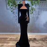thinyfull sexy mermaid evening prom black dress 2021 long sleeve soft velvet party dresses long women hollow out cocktail gowns