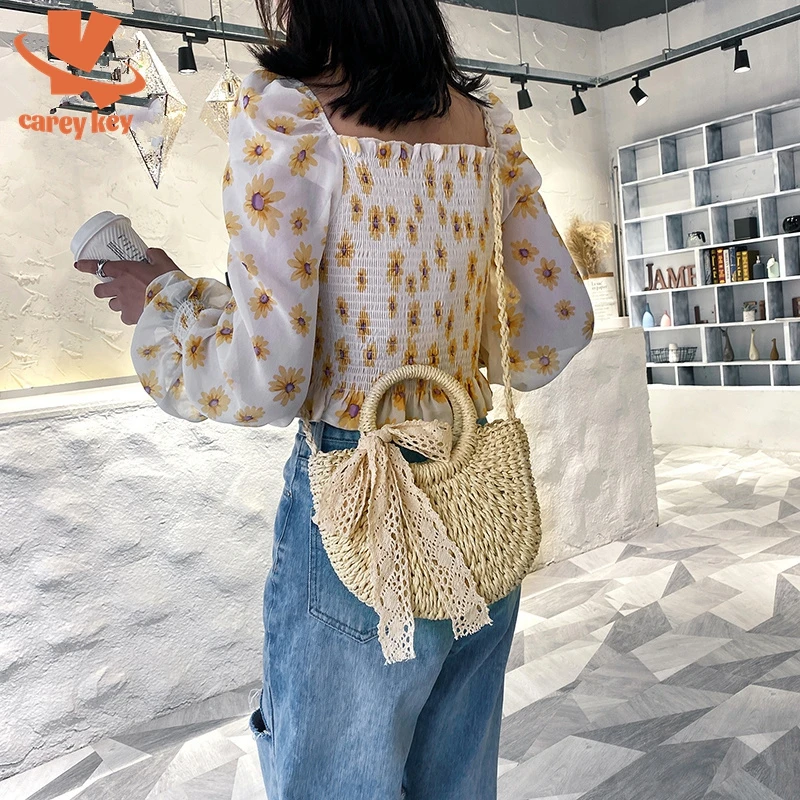 Женская Соломенная Сумочка CAREY KEY, летняя модель 2021, Женская кружевная сумка из ротанга с бантом, модная пляжная сумка через плечо на шнурке от AliExpress WW