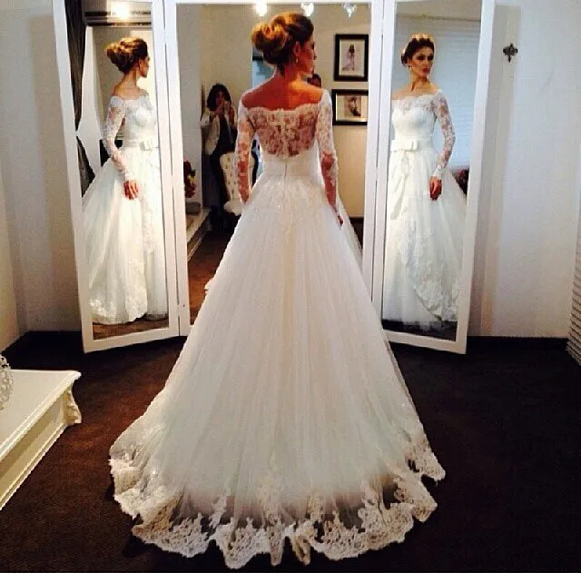 

Elegant vestido de noiva Arabian Off the Shoulder A Line Appliqued Lace Long Sleeve bridal gown 2018 mother of the bride dresses