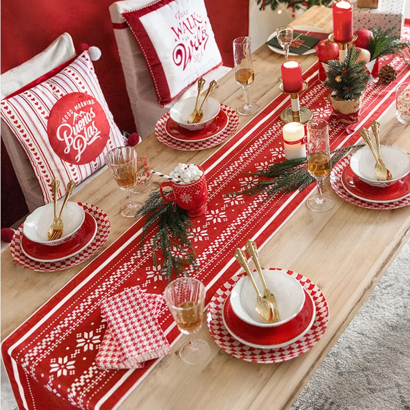 Camino de mesa navide&ntilde;o, cubierta de mesa blanca y roja de copos de nieve para restaurante, Hotel, camino de mesa navide&ntilde;o, decoraci&oacute;n del hogar-2