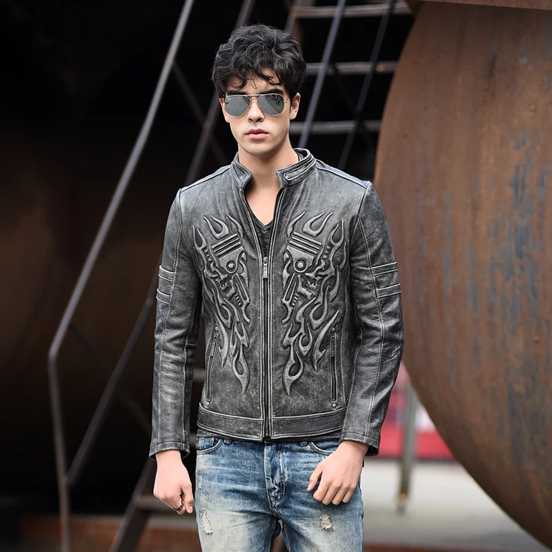 

Vintage Black 2020 Men's Skull biker Leather Jacket Plus Size XXXL Genuine Cowhide Slim Fit Motorcyclist Jacket FREE SHIPPING