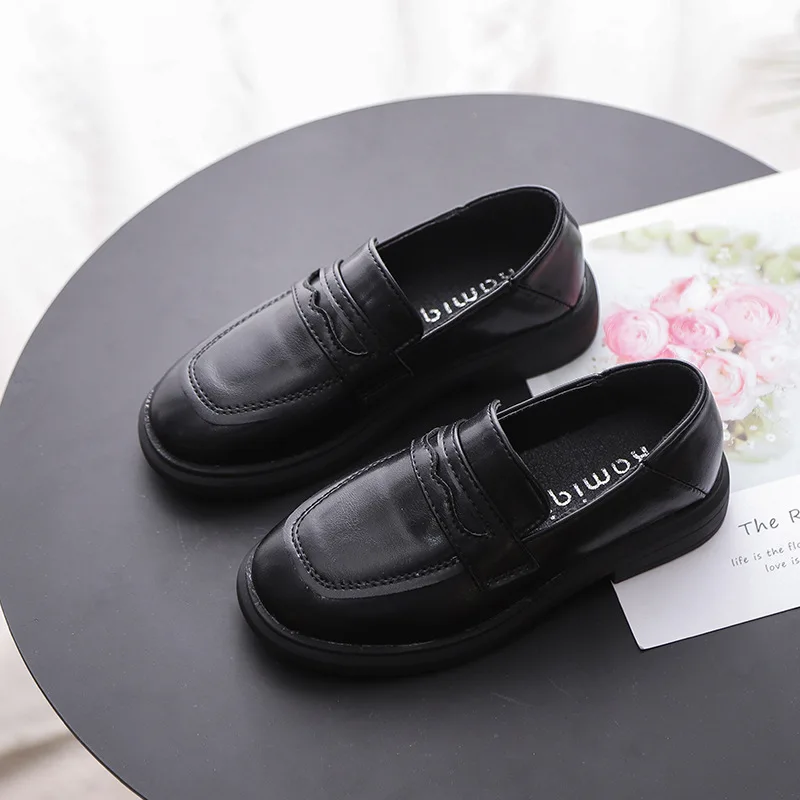 

Girls' single shoes 2020 spring new British style kids one-sleeve slip-on soft bottom leather shoes boys black performance shoes
