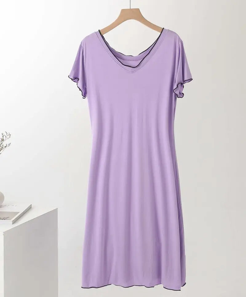 Summer New Modal Nightdress Women's Korean V-neck Short Sleeve Solid Slim Dress Medium Length Nightgowns Homewear Sleepwear