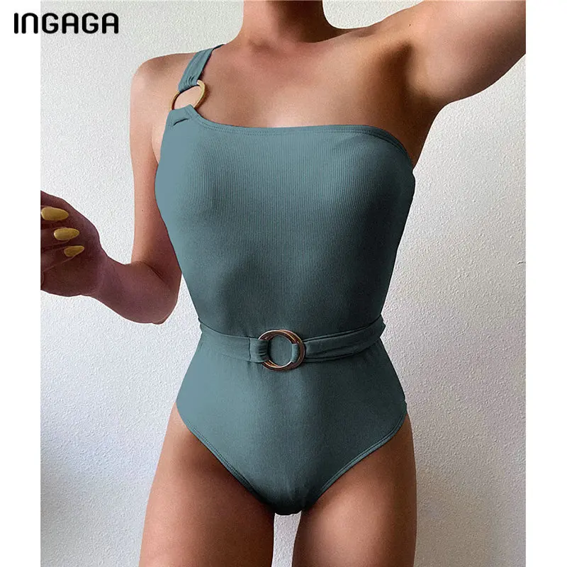INGAGA 2021 цельные купальники на одно плечо женские модные блестящие купальные