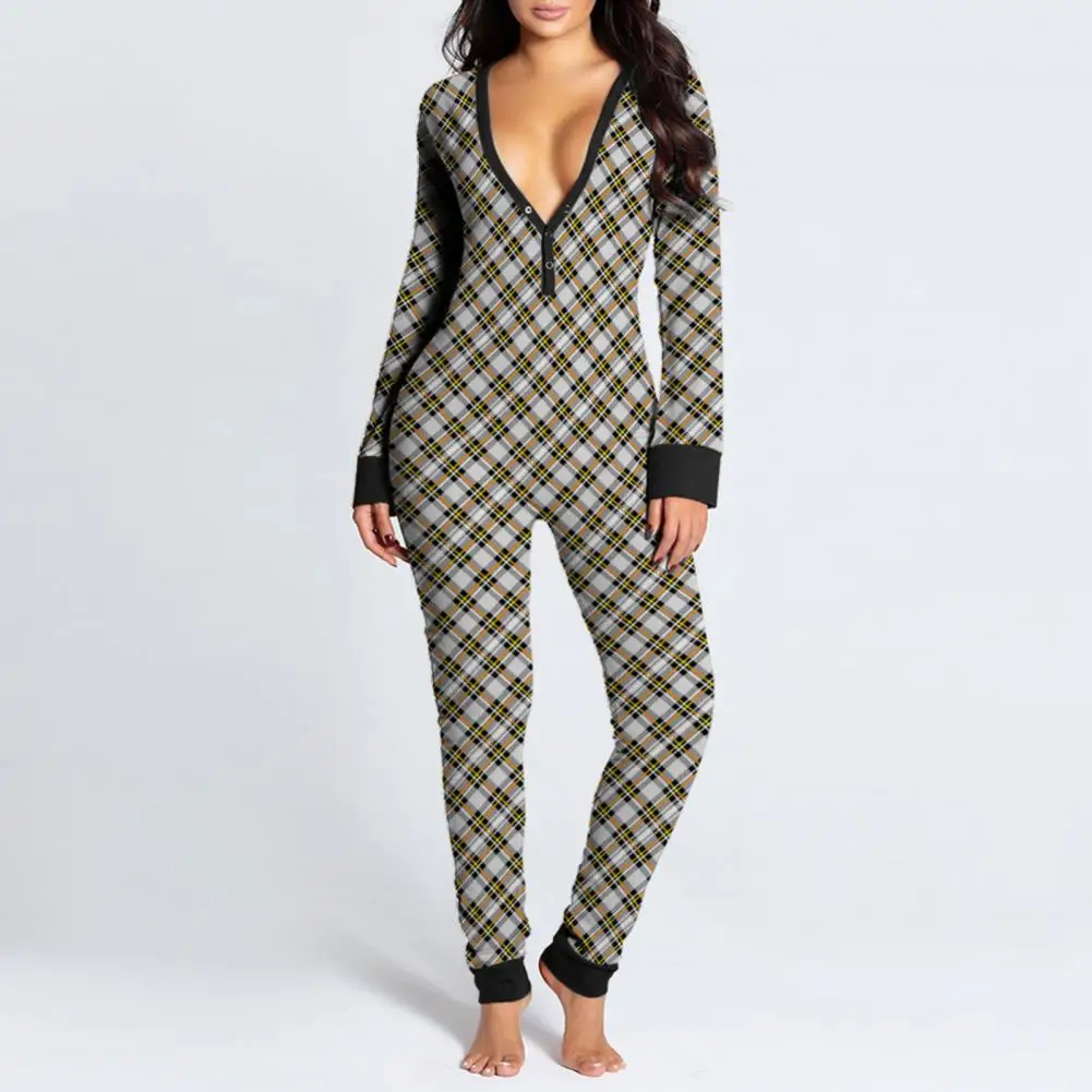 

Sexy Women V-neck One Sies Pijamas Button-down Front Functional Buttoned Flap Pajamas Adults Sleepwear Jumpsuit Pyjama Femme