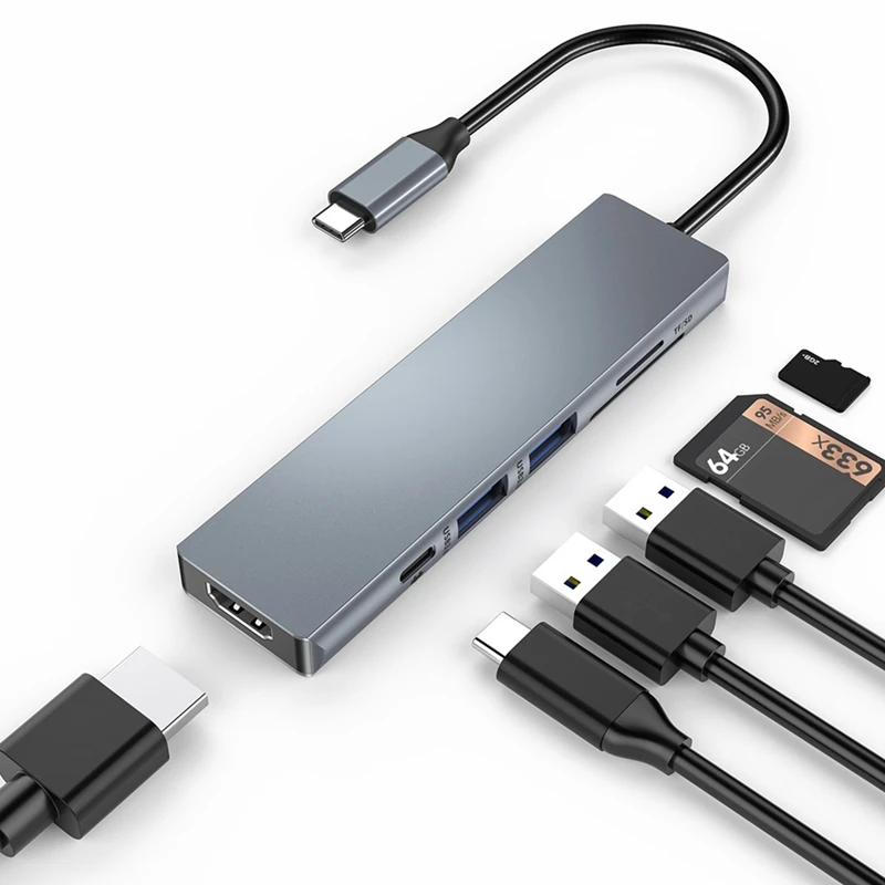 

USB C Hub HDMI with 100W PD,6 in 1 USB C Adapter 4K , 2 USB 3.0 Ports and SD/TF Cards Reader for Type C Devices