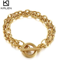 kalen stainless steel charm bracelet double layer gold figaro chain bracelets for men and women