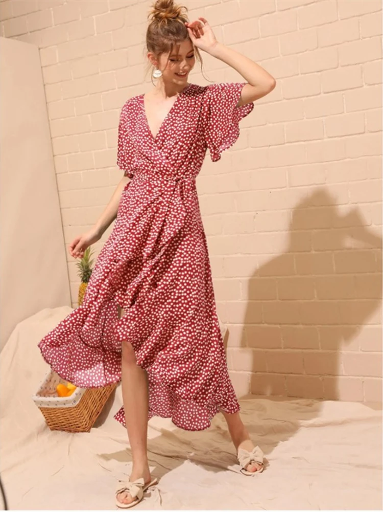

Women Dresses Summer Midi Dress Polka Dot Split Boho Dress V-Neck Women Beach Vacation Long Dresses Casual Sundress Fashion Y2K