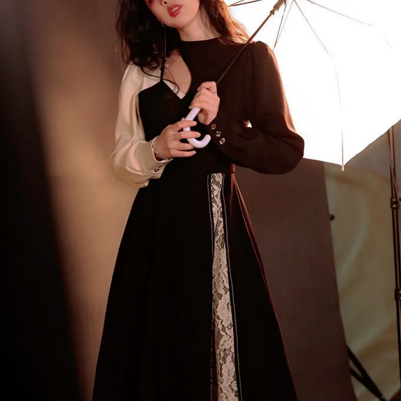 

Spring Vintage Retro Dress Women Patchwork Fake Two-Piece Designer Dress Female High Street Y2K Lace Slimming Dress 2021 New