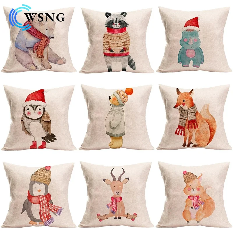 

Winter Forest Cartoon Animals Linen Pillowcase Home Living Room Sofa Car Office Cushion Cover 45*45cm