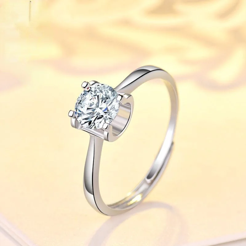 

S925 Sterling Silver Bull Head Open Ring Female Korean Fashion Simple Ring Four-claw Simulation Diamond Diamond Ring