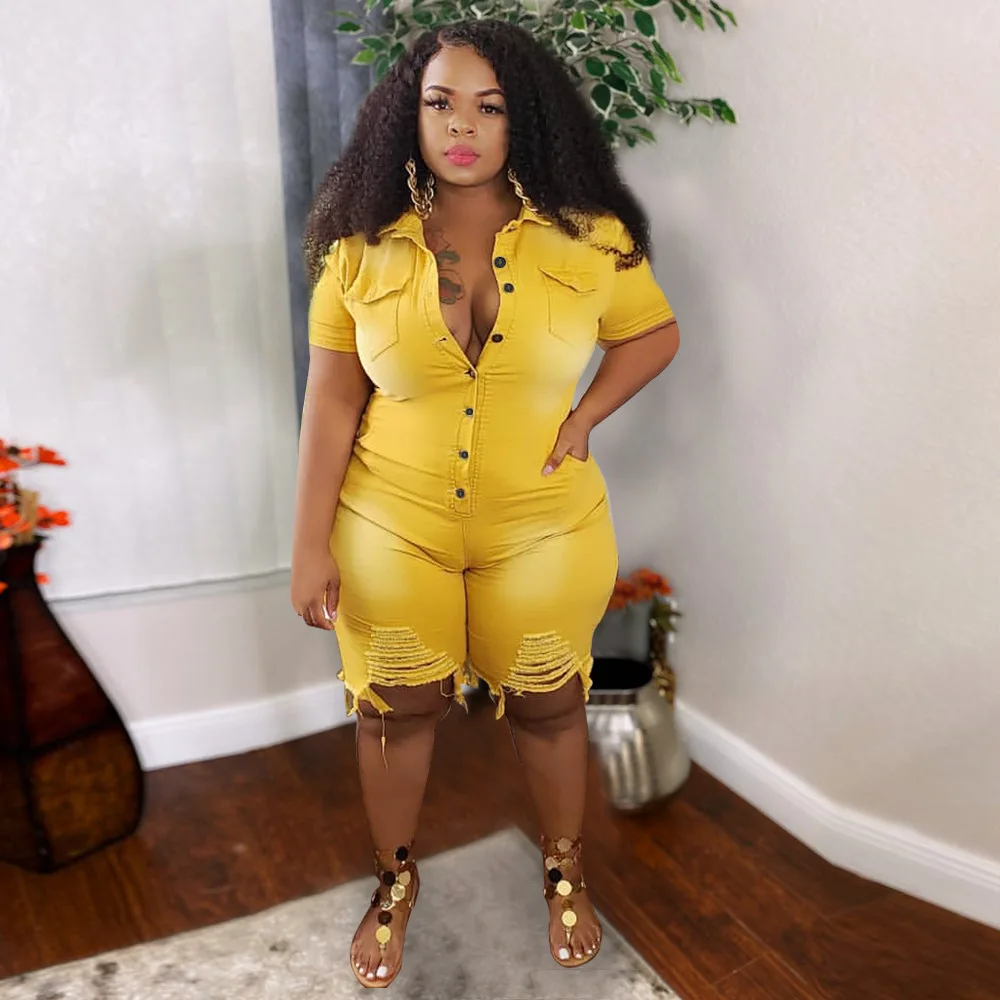 

4XL 5XL Plus Size Clothing Jeans Jumpsuits Women Short Sleeve Bodysuit Ripped Denim Shorts Jumpsuits Wholesale Dropshipping