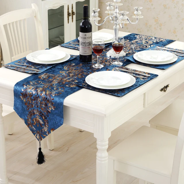 Camino de mesa azul para comedor, tela Jacquard tridimensional, bordado  europeo, Bandera de mesa, esquina, café, Tv, armario, polvo - AliExpress