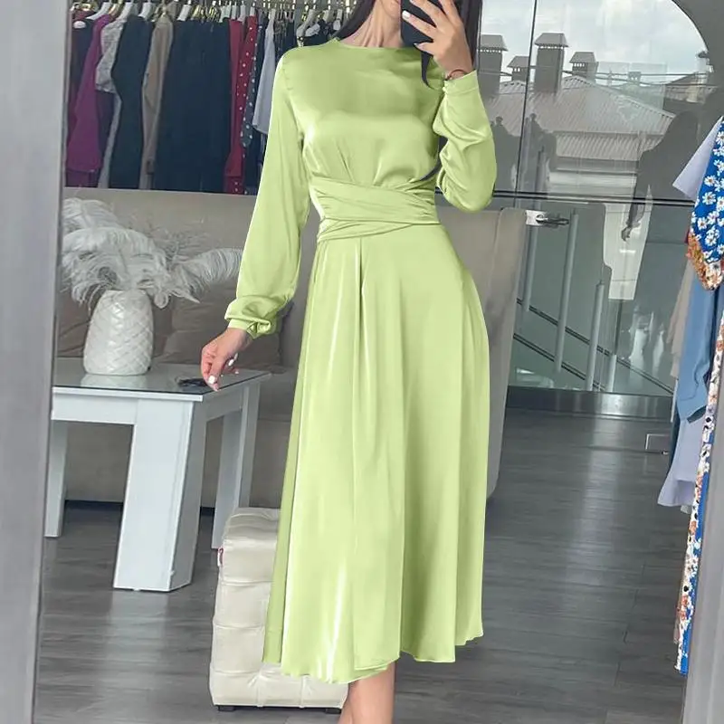 

Autumn Dress With Belted VONDA Women Casual O Neck Solid Long Sleeve Solid Maxi Dresses Oversize Bohemian Vestidos Baggy Robes