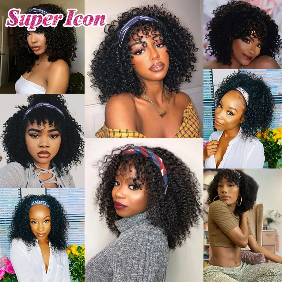 

Headband Wig With Bangs Kinky Curly Human Hair Wigs For Black Women Natural Peruvian Remy Human Hair Full Machine Wig Super Icon