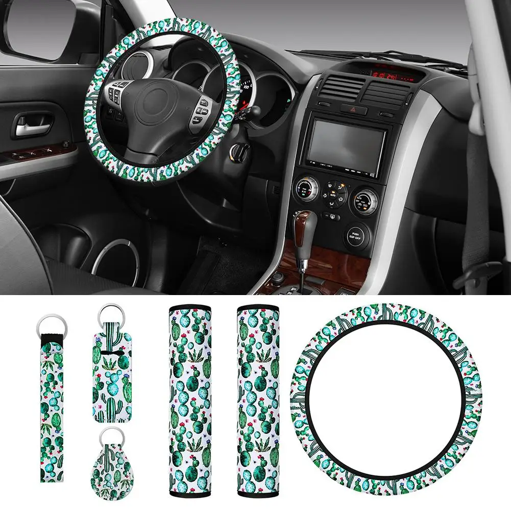 

6PCS Cactus Pattern Steering Wheel Cover Key Ring Seat Belt Shoulder Guard Women Car Interior Accessories Decoration Set