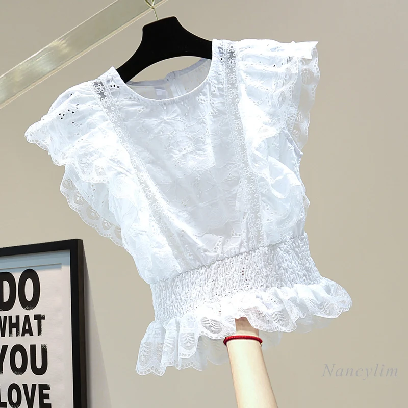 Dentelle Brodée Taille Haute Chemise Courte Femme 2021 Style Coréen d'été À Volants Creux Sans Manches En Coton et Lin Hauts Blusas