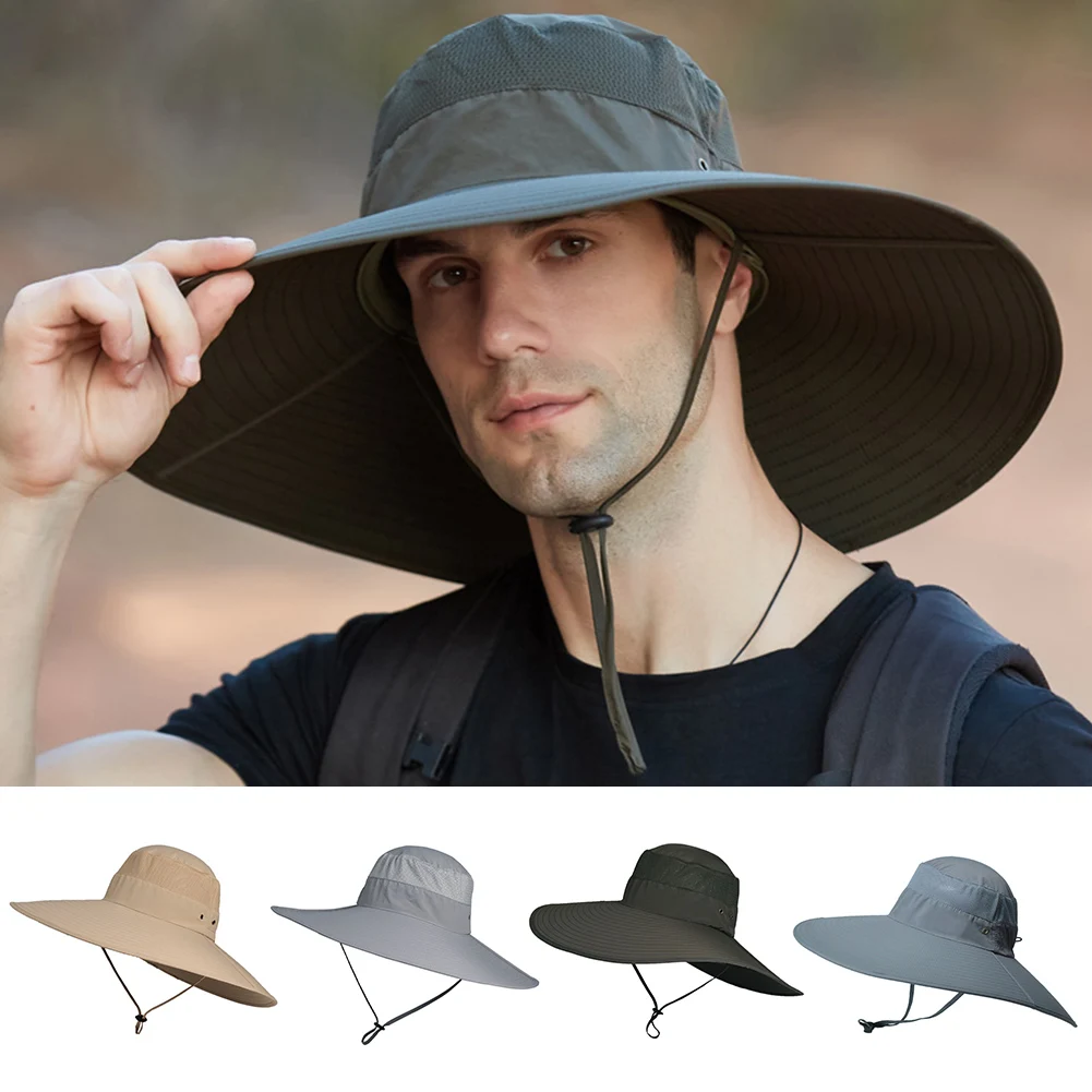 

Summer Seaside Outdoor Sports Adjustable Fishing Sun Hat Breathable Hiking Casual UV Protection With Chin Strap Wide Brim