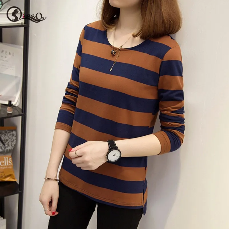 

2019 Fashion Tops Women New Round Neck Striped Pullovers Loose Long-sleeved Autumn T-shirt Plus Size M-2XL