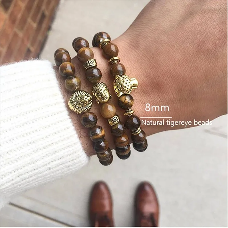 Пара браслетов для женщин и мужчин Роскошные античные Лев животных тигровый глаз