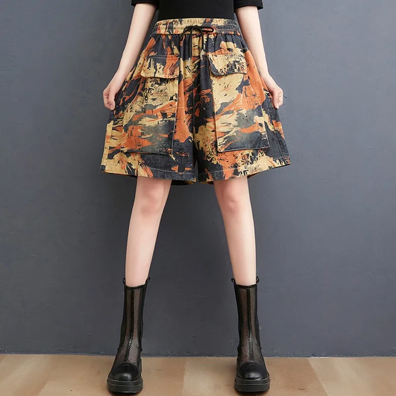 

Women Summer Loose Casual Jeans Shorts New Arrival 2021 Street Style Vintage Print Big Pockets Female Short Denim Pants B110