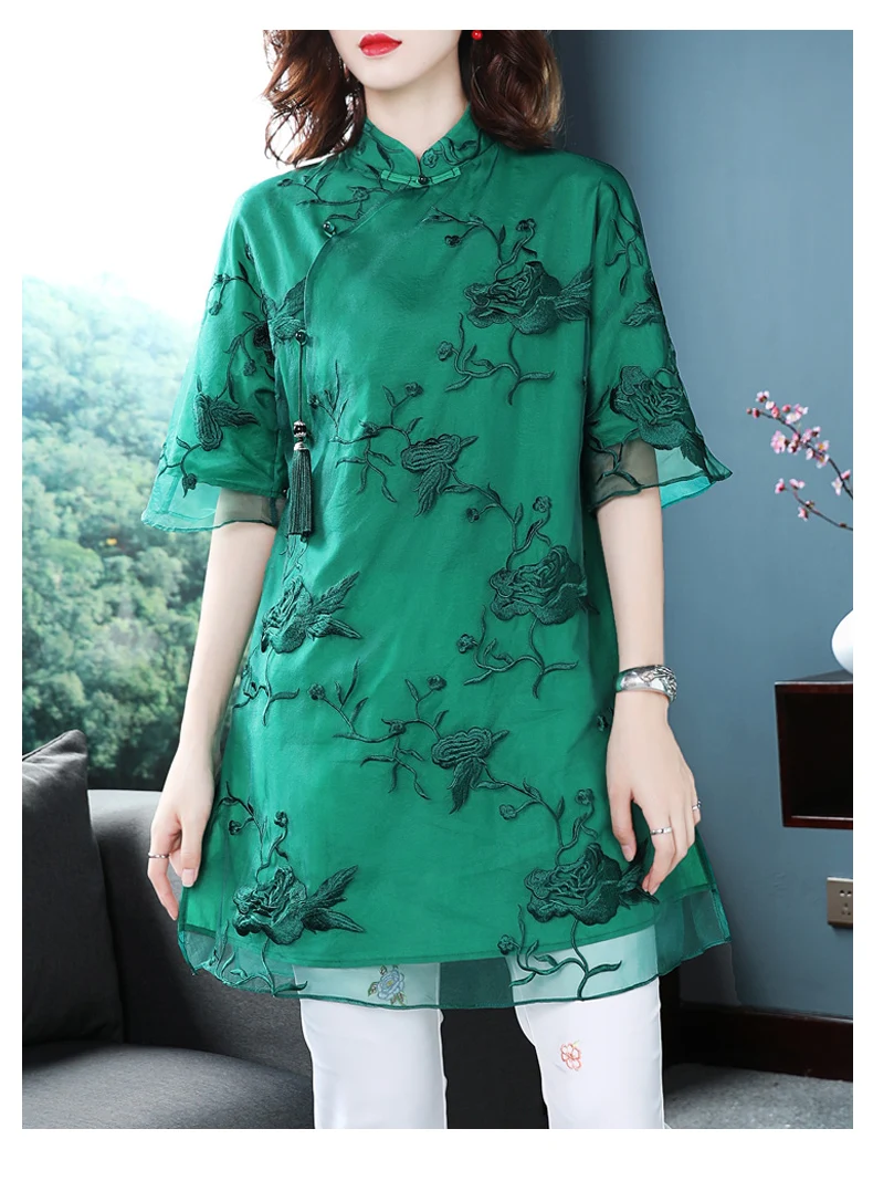 Цветочная вышивка cheongsam рубашка qipao Топ Половина рукава Китайский традиционный Топ Блузка для женщин кружевной Шелковый китайский топ