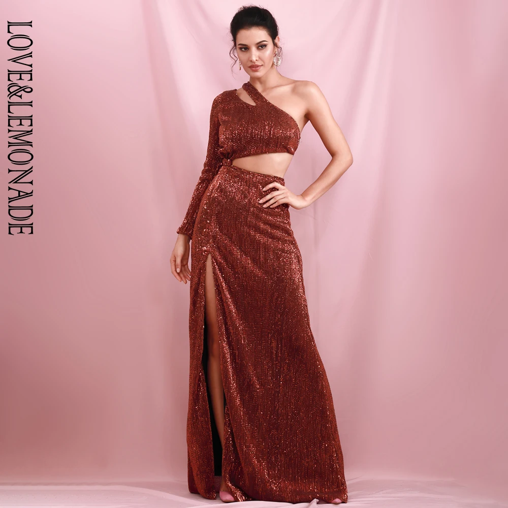 Женское платье с блестками LOVE & LEMONADE коричневое вечернее разрезом сбоку и одним