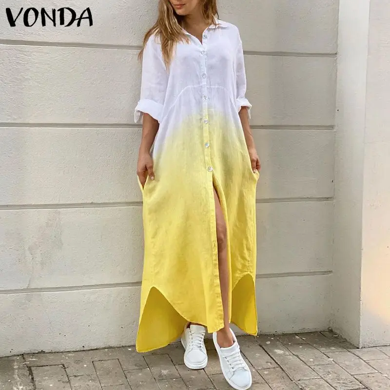 

Loose Sundress 2021 VONDA Autumn Women Long Sleeve Shirt Dresses Ladies Slit Maxi Robe Casual Lapel Buttons Bohemian Vestidos