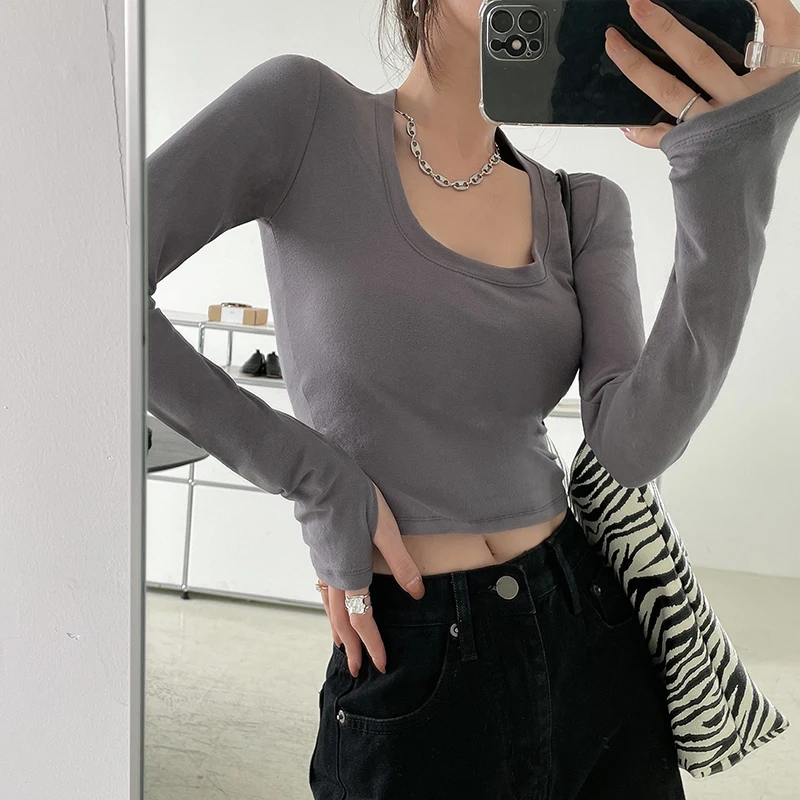 Новинка Весна 2021 короткая Облегающая рубашка с длинным рукавом топ пикантная