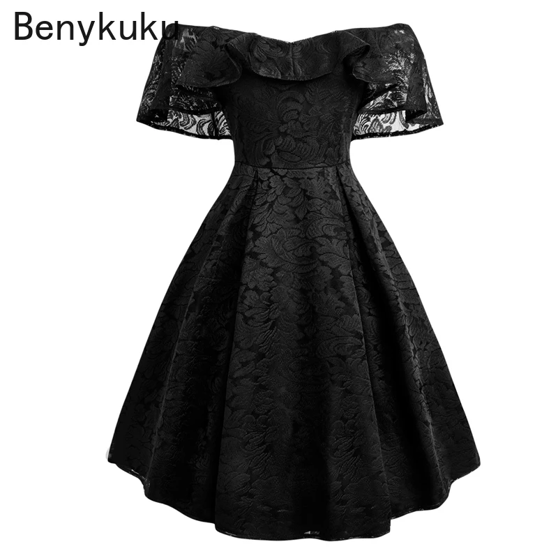 

Women Vintage Lace Party Dress Sexy Off Shoulder Ruffles Mini Dress Female Chic Retro Woman Clothes Gothic Black 50s Dresses