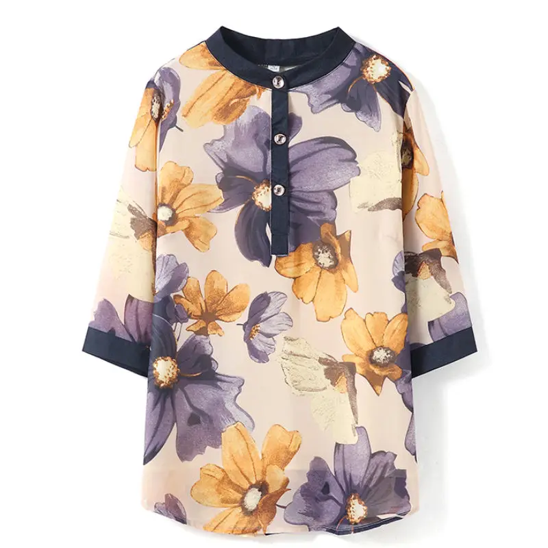 

2021 Spring Summer Womens Chiffon Blouses Casual Stand Collar Floral Women Clothing 3/4 Sleeve Printed Shirt Ladies Tops Y39