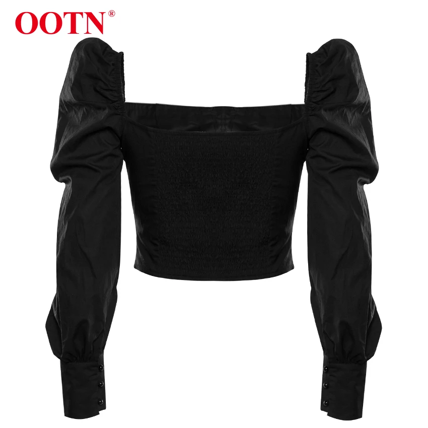 OOTN однобортный сексуальный черный укороченный Топ для женщин, с рюшами, с пышными рукавами, с квадратным воротником, блузки, женские осенние повседневные рубашки с длинным рукавом