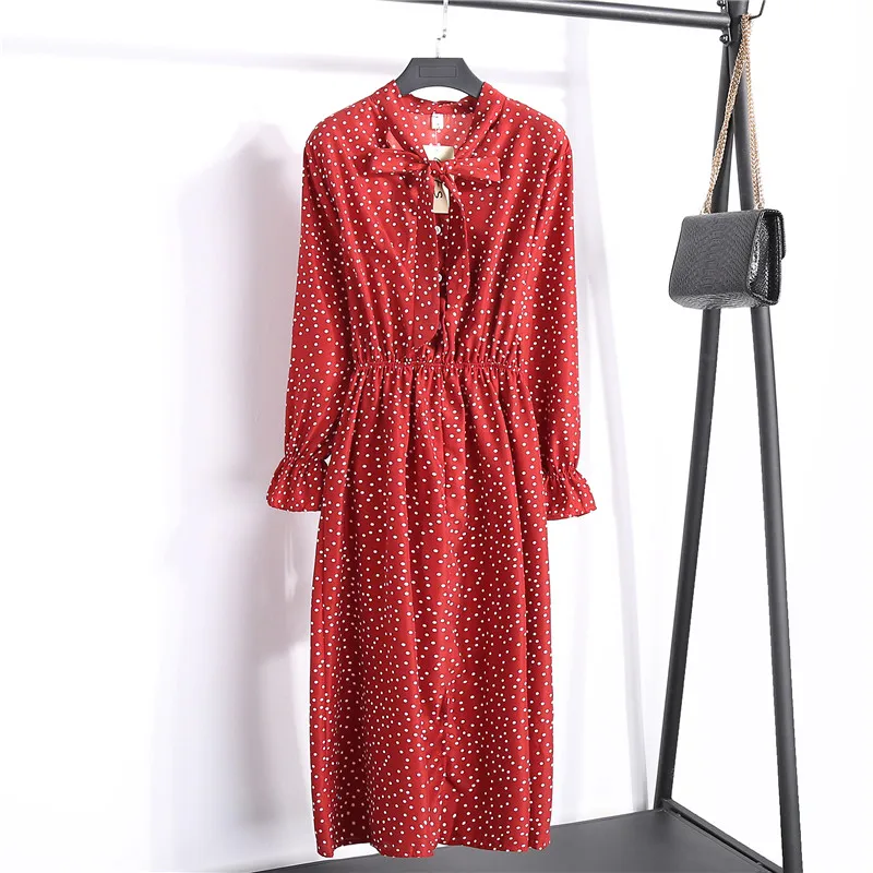 Женское платье с принтом в горошек повседневное винтажное длинным рукавом 12