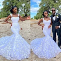 pure white lace wedding dresses 2021 mermaid square neck corset up back plus size bridal gowns court train african lady marriage