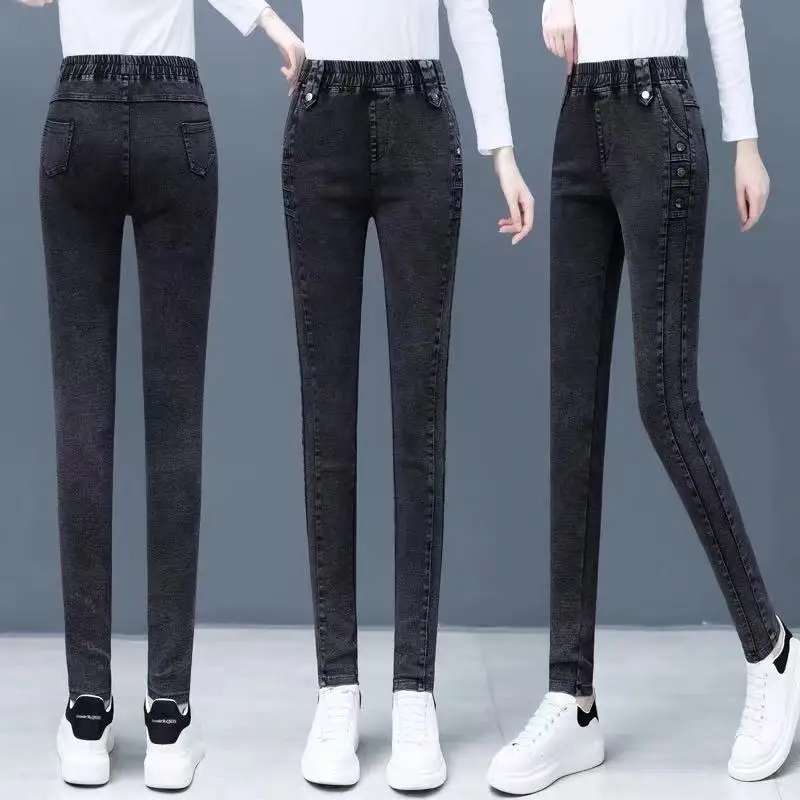 

Women's Jeans High Waist Pants Autumn and Winter Plus Size Tights Stretch Waist Pants Thin Pencil Pants Feet Women's Pants