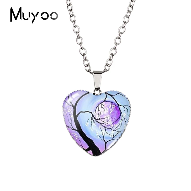 

New Arrival Moon and Tree Landscape Paintings Handcraft Jewelry Glass Cabochon Heart Pendants Necklace HZ3