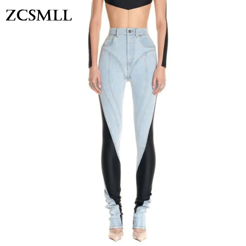 

ZCSMLL 2021 new autumn and winter fashion women clothes high waist contrast colors denim washted patchwork slim jeans TH504
