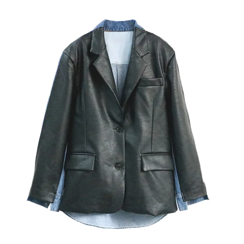 

QING MO 2020 Spring New Women PU leather Coat Women Denim Patchwork Jacket Female Temperament Coat Black White ZQY6300