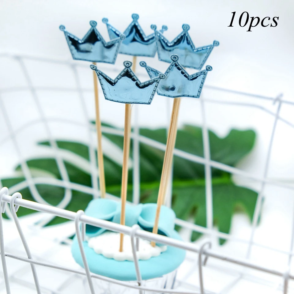 Blue crown 10 шт./лот Блестящий Топпер для торта звезды и сердце и корона детский душ декор для дня рождения Свадебный декор кекса топперы - Цвет: Blue crown