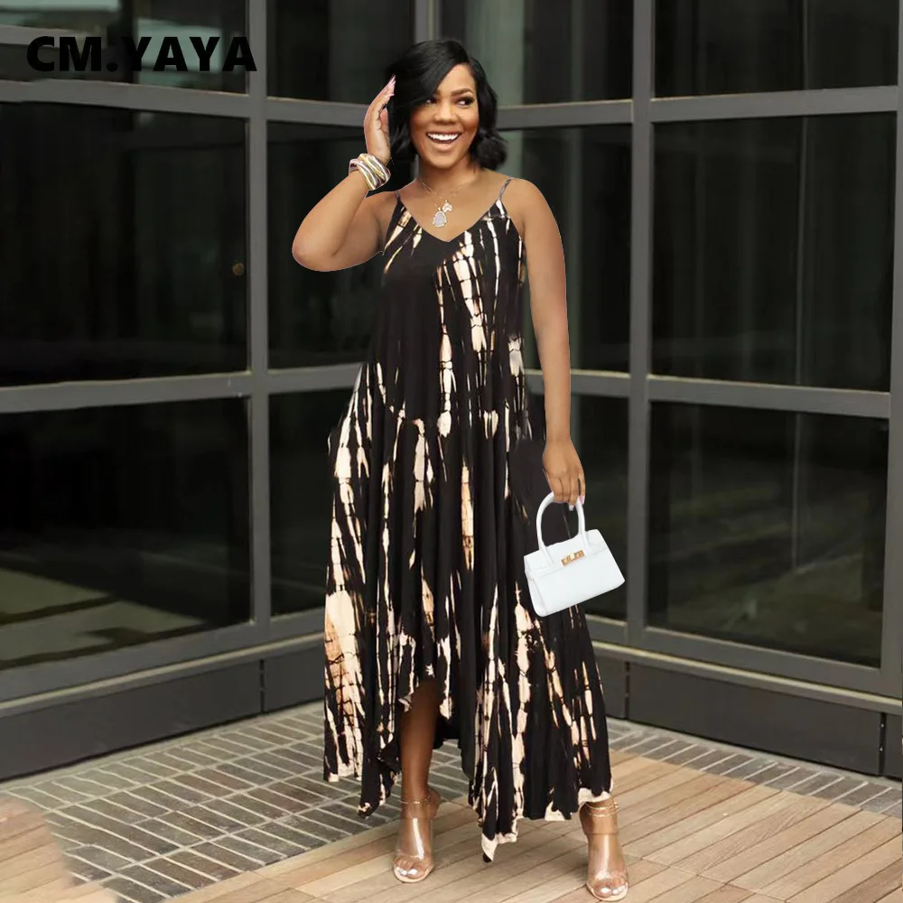 

CM.YAYA Women Long Dress Tie Dye Sleeveless Strap V-neck Loose Maxi Dresses with Pockets Sexy Fashion Streetwear Summer Outfits