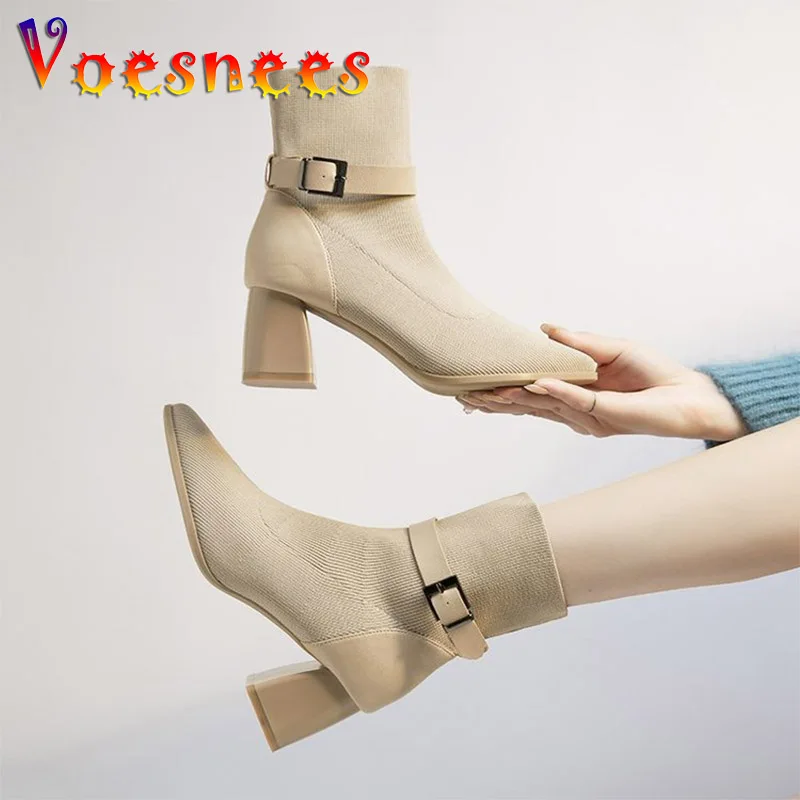 

Новинка Осень-зима 2022, ботинки-носки, женские повседневные вязаные короткие ботинки с острым носком, эластичные ботинки на квадратном каблуке с пряжкой и поясом для морской кожи