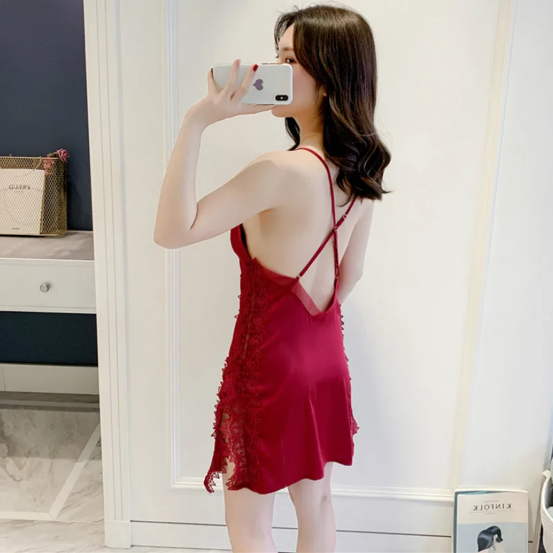 Сексуальная женская ночная рубашка из искусственного шелка однотонное