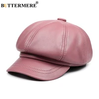 buttermere genuine leather vintage hat women newsboy cap pink baker boy cap high quality brand ladies winter octagonal cap