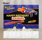 Фотофон на заказ с пистолетом NERF фон для детского дня рождения Синяя игрушка полиэстер виниловый баннер фотография Декор реквизит