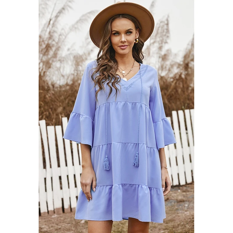 

Women's Babydoll Tunic Dress V Neck 3/4 Sleeve Ruffle Sundress Casual Loose Swing Mini Dresses