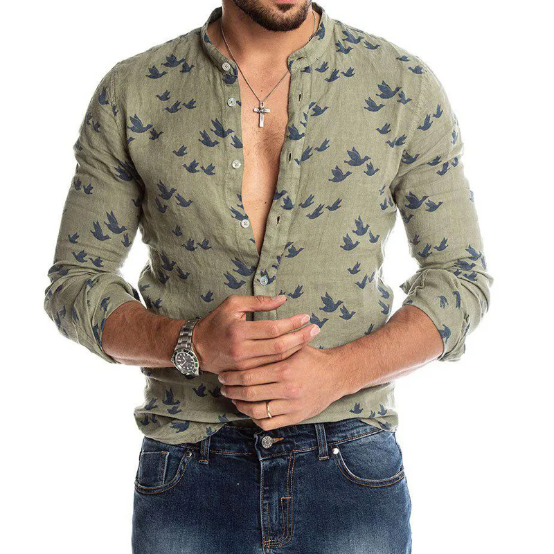 Мужская льняная рубашка в гавайском стиле с принтом однобортный Топ длинным